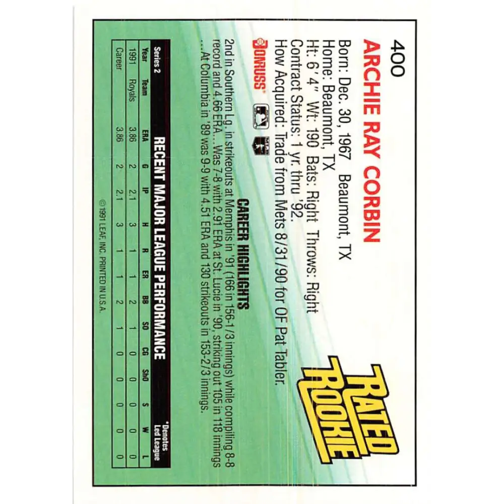1992 Donruss #400 Archie Corbin RR NM-MT RC Rookie Kansas City Royals Baseball Card Image 2