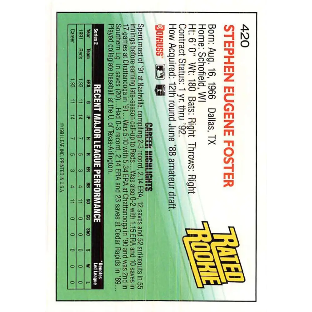 1992 Donruss #420 Steve Foster RR NM-MT RC Rookie Cincinnati Reds Baseball Card Image 2