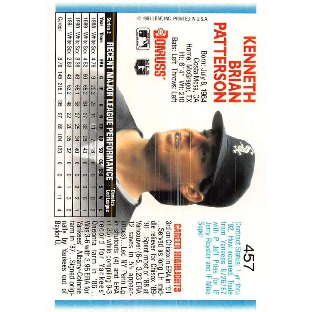 1992 Donruss #457 Ken Patterson NM-MT Chicago White Sox Baseball Card Image 2