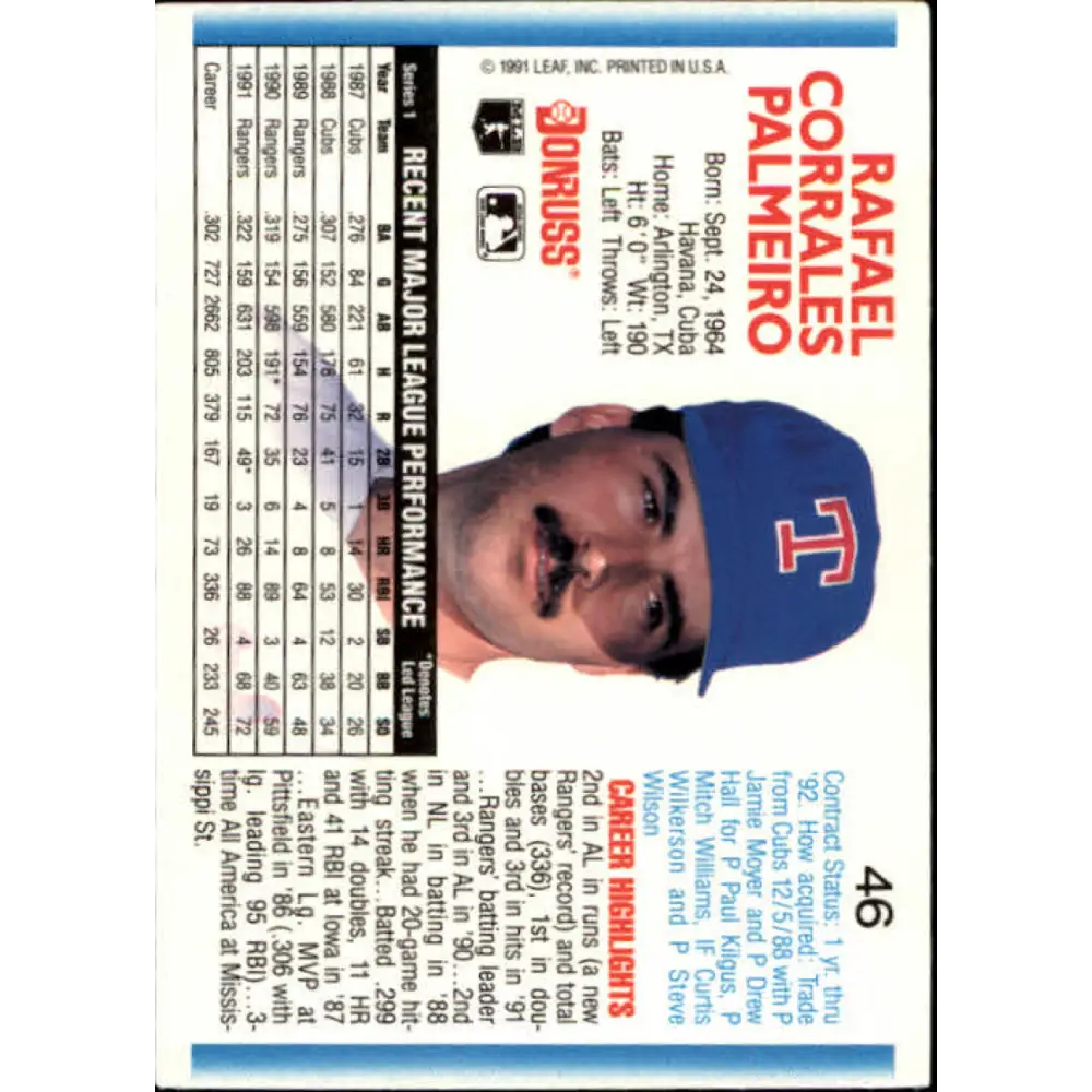 1992 Donruss #46 Rafael Palmeiro NM-MT Texas Rangers Baseball Card Image 2