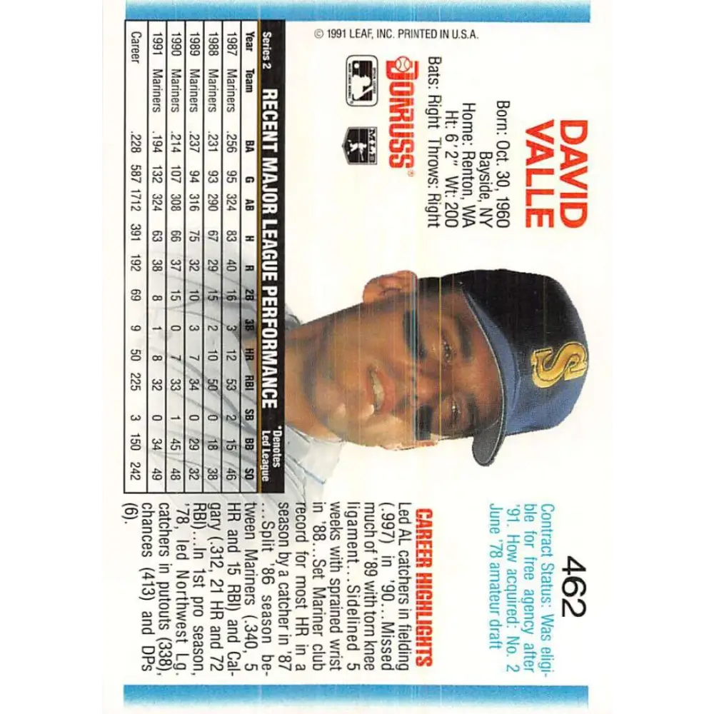 1992 Donruss #462 Dave Valle NM-MT Seattle Mariners Baseball Card Image 2