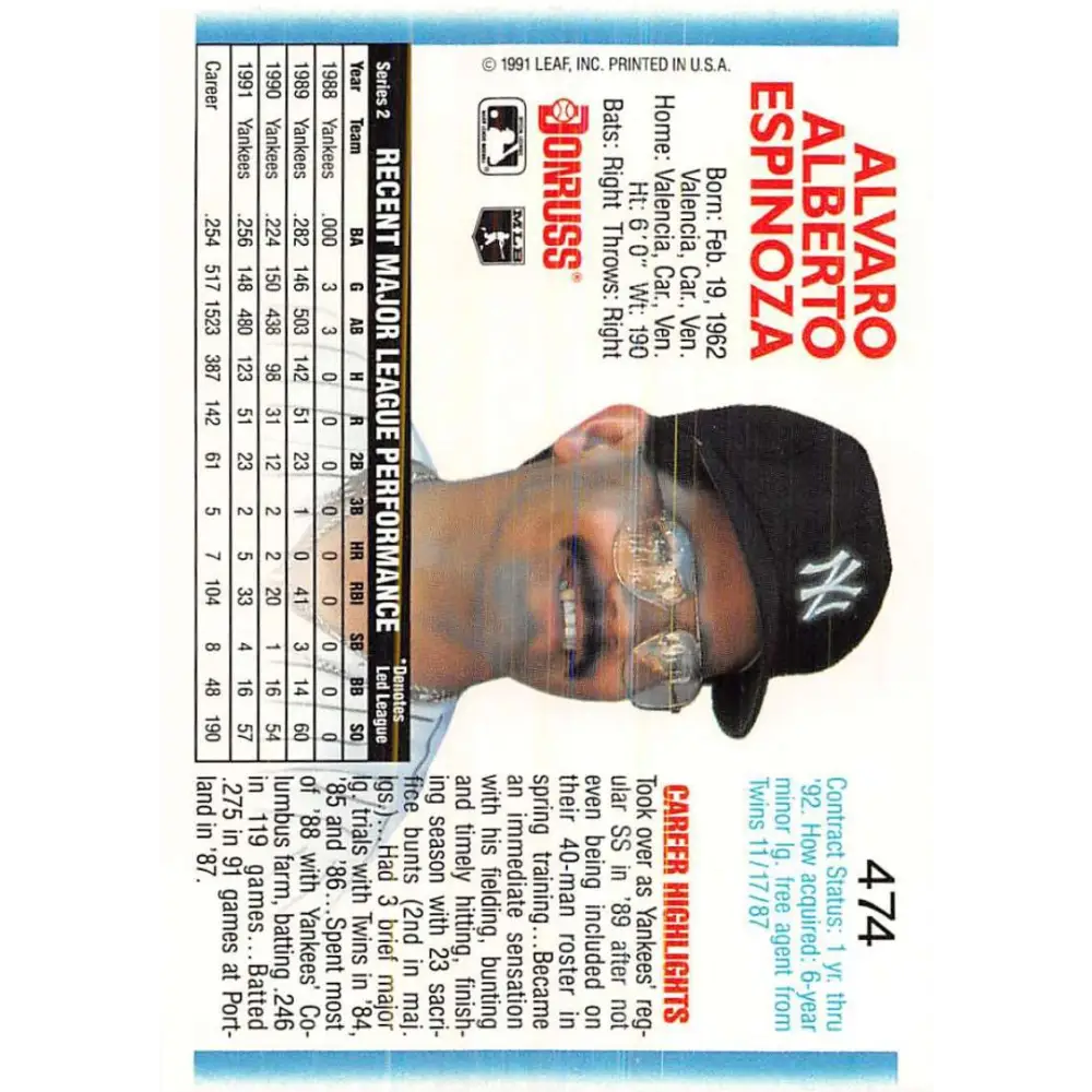 1992 Donruss #474 Alvaro Espinoza NM-MT New York Yankees Baseball Card Image 2