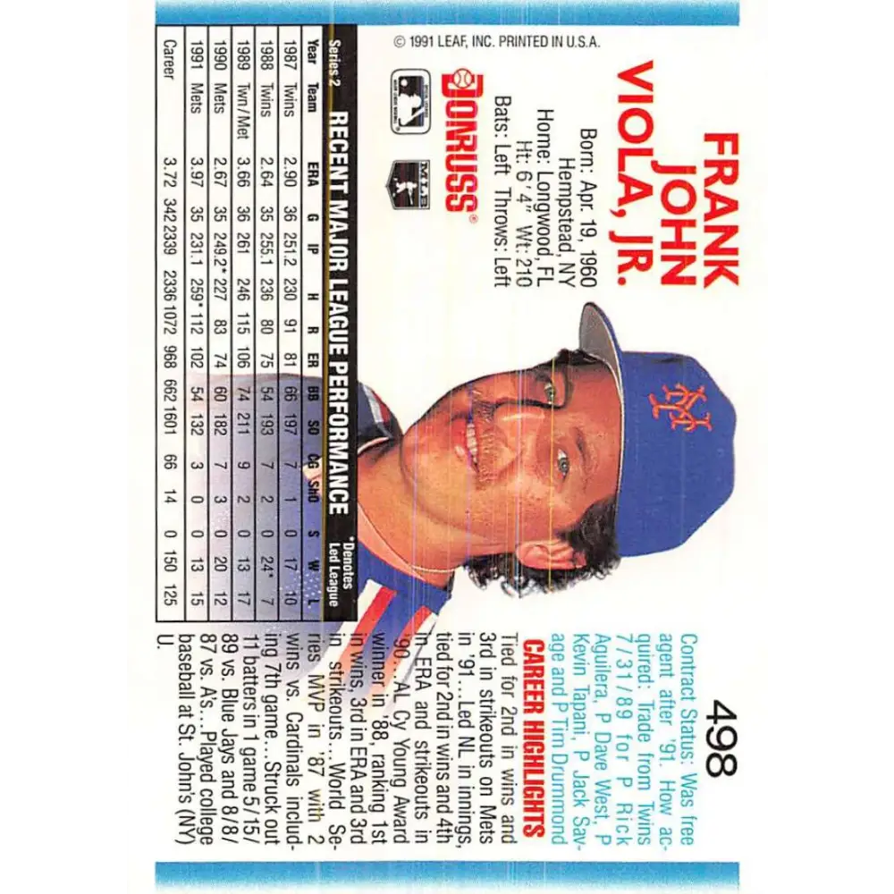 1992 Donruss #498 Frank Viola NM-MT New York Mets Baseball Card Image 2