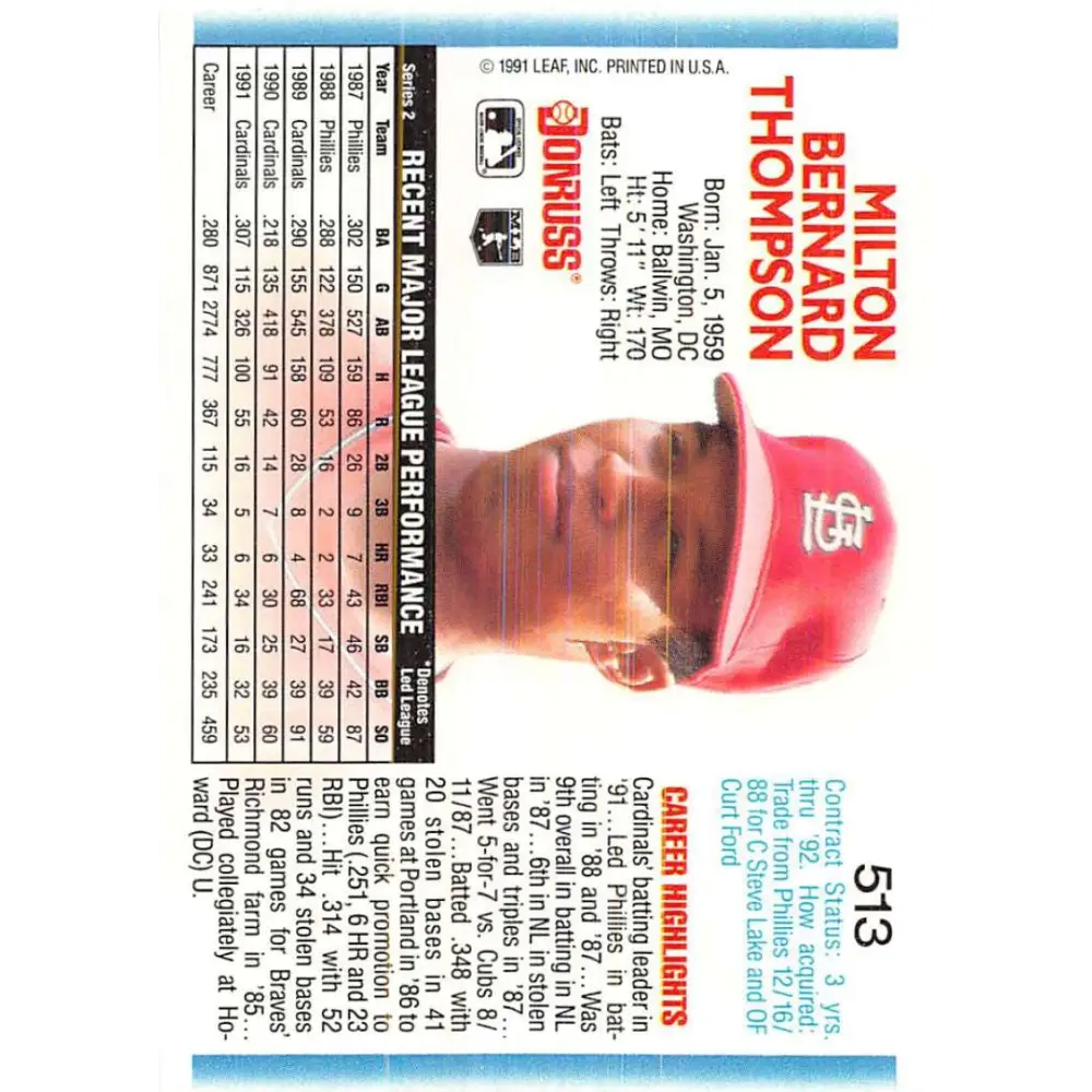 1992 Donruss #513 Milt Thompson NM-MT St. Louis Cardinals Baseball Card Image 2