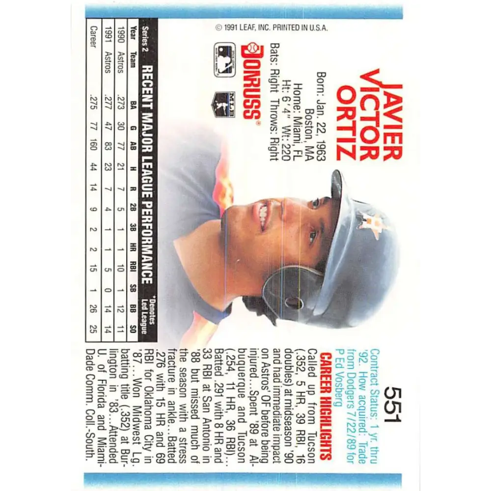 1992 Donruss #551 Javier Ortiz NM-MT Houston Astros Baseball Card Image 2