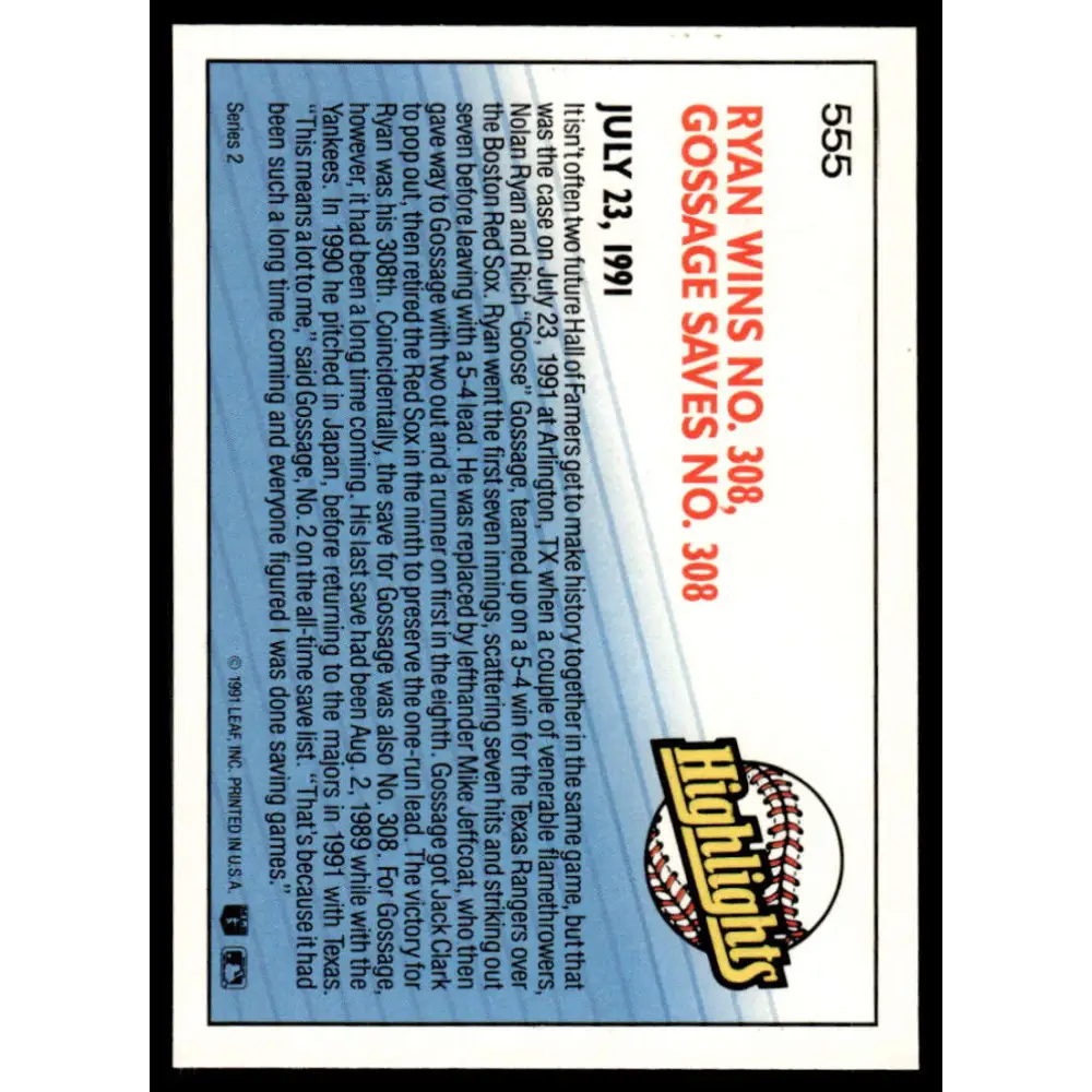 1992 Donruss #555 Rich Gossage / Nolan Ryan HL EX/NM Texas Rangers Baseball Card Image 2