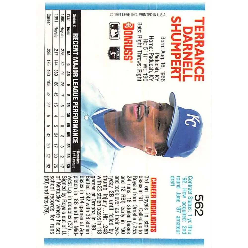 1992 Donruss #562 Terry Shumpert NM-MT Kansas City Royals Baseball Card Image 2