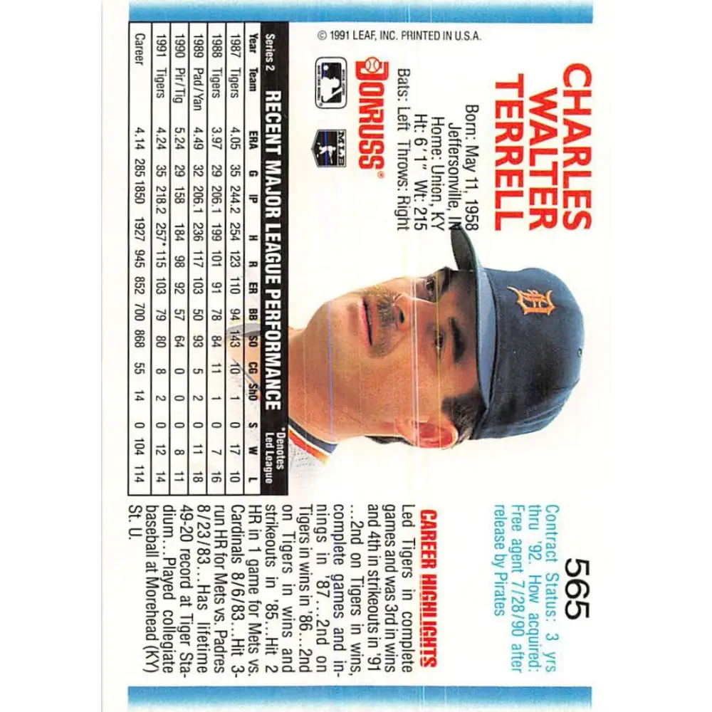 1992 Donruss #565 Walt Terrell NM-MT Detroit Tigers Baseball Card Image 2