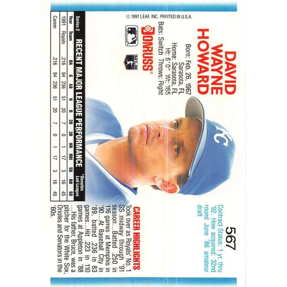 1992 Donruss #567 David Howard NM-MT Kansas City Royals Baseball Card Image 2