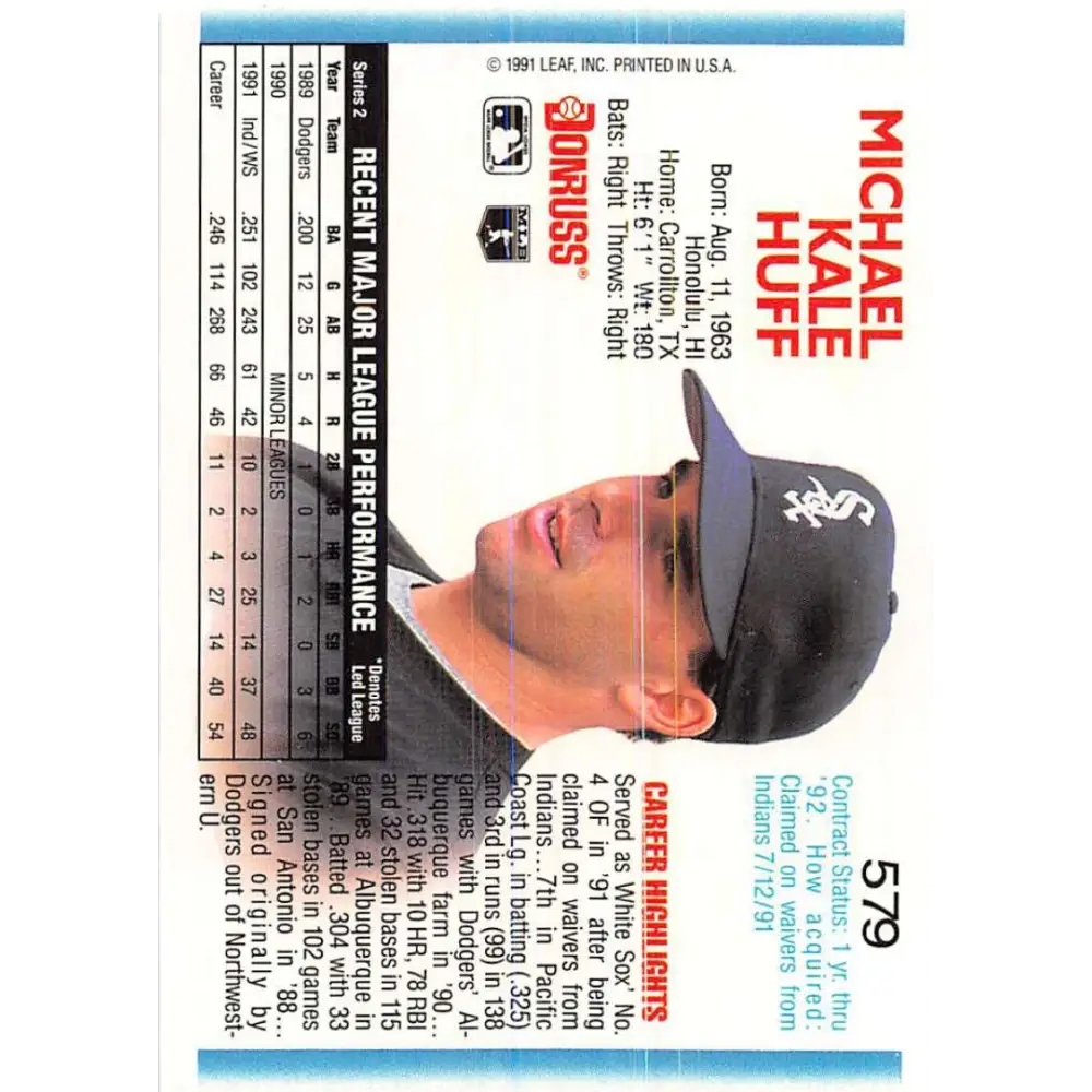 1992 Donruss #579 Mike Huff NM-MT Chicago White Sox Baseball Card Image 2