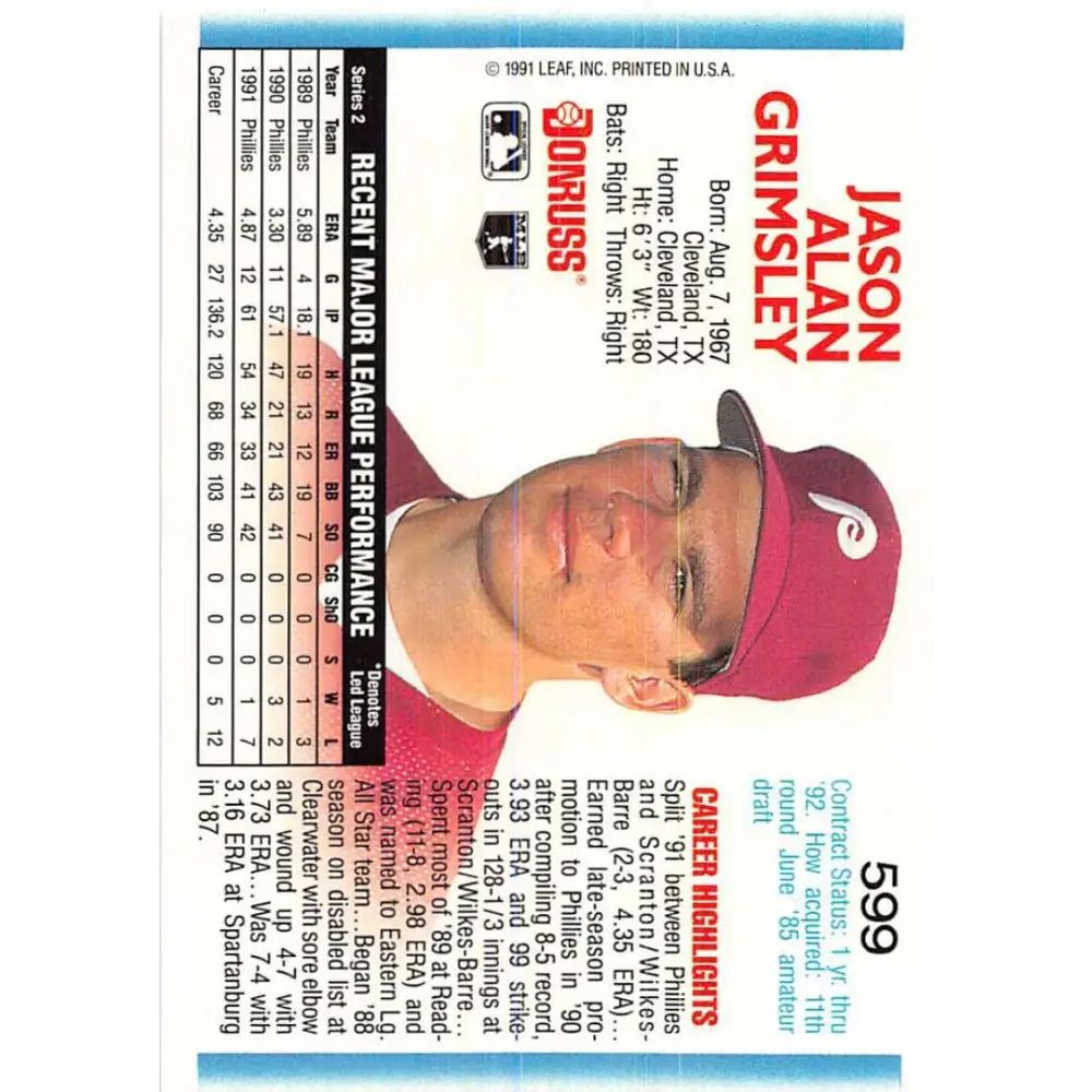 1992 Donruss #599 Jason Grimsley NM-MT Philadelphia Phillies Baseball Card Image 2