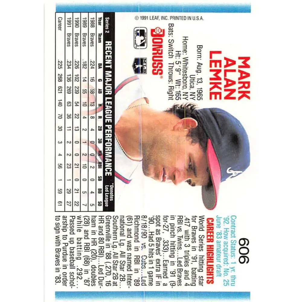 1992 Donruss #606 Mark Lemke NM-MT Atlanta Braves Baseball Card Image 2