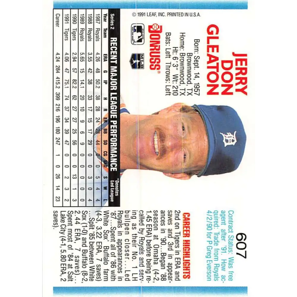 1992 Donruss #607 Jerry Don Gleaton NM-MT Detroit Tigers Baseball Card Image 2