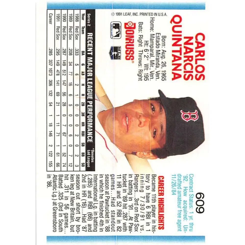 1992 Donruss #609 Carlos Quintana NM-MT Boston Red Sox Baseball Card Image 2