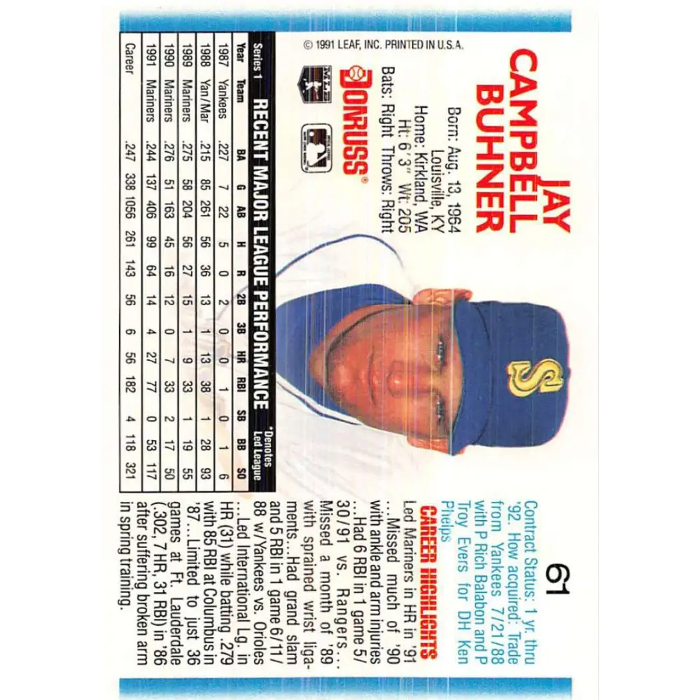 1992 Donruss #61 Jay Buhner NM-MT Seattle Mariners Baseball Card Image 2
