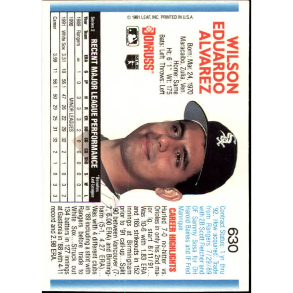 1992 Donruss #630 Wilson Alvarez NM-MT Chicago White Sox Baseball Card Image 2