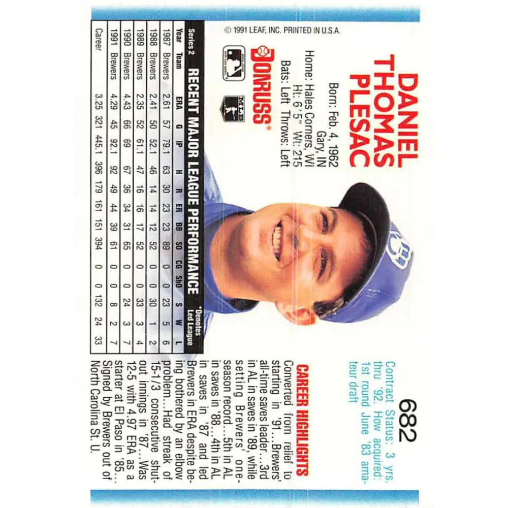 1992 Donruss #682 Dan Plesac NM-MT Milwaukee Brewers Baseball Card Image 2