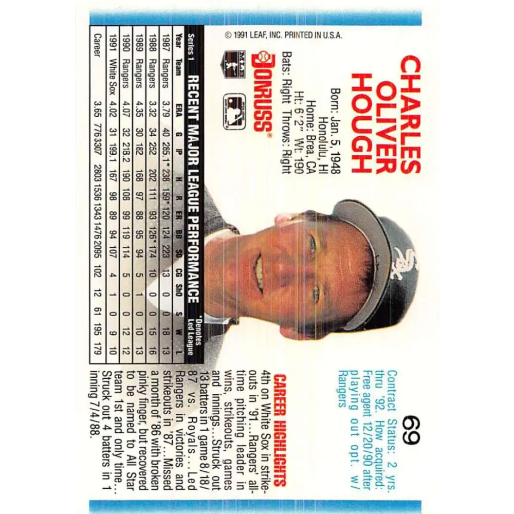 1992 Donruss #69 Charlie Hough NM-MT Chicago White Sox Baseball Card Image 2
