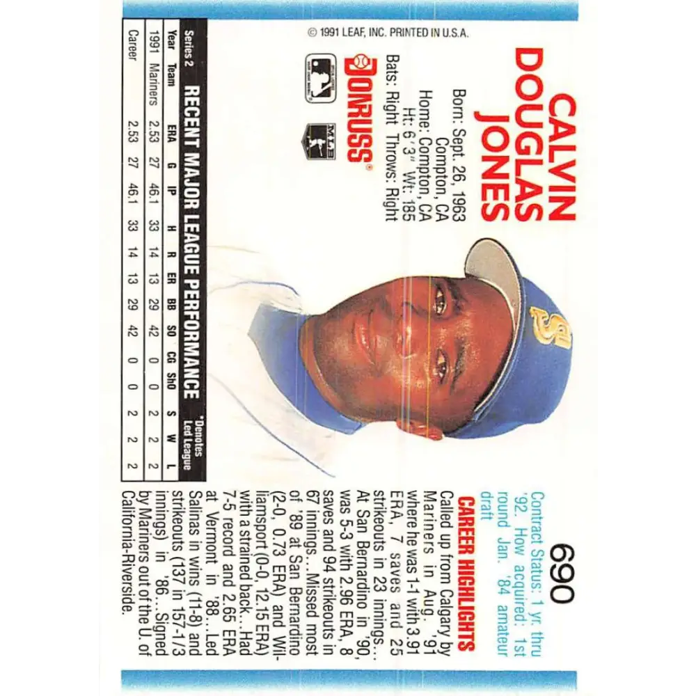 1992 Donruss #690 Calvin Jones NM-MT RC Rookie Seattle Mariners Baseball Card Image 2