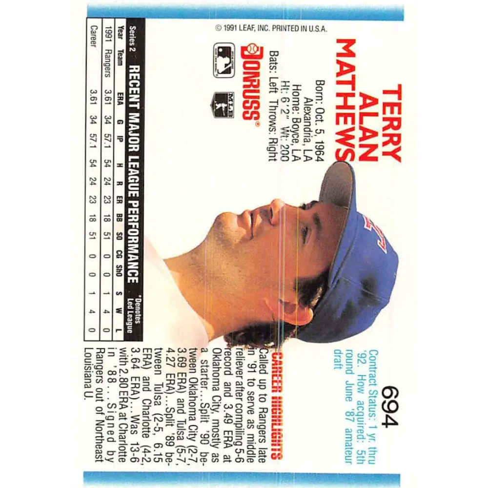 1992 Donruss #694 Terry Mathews NM-MT RC Rookie Texas Rangers Baseball Card Image 2