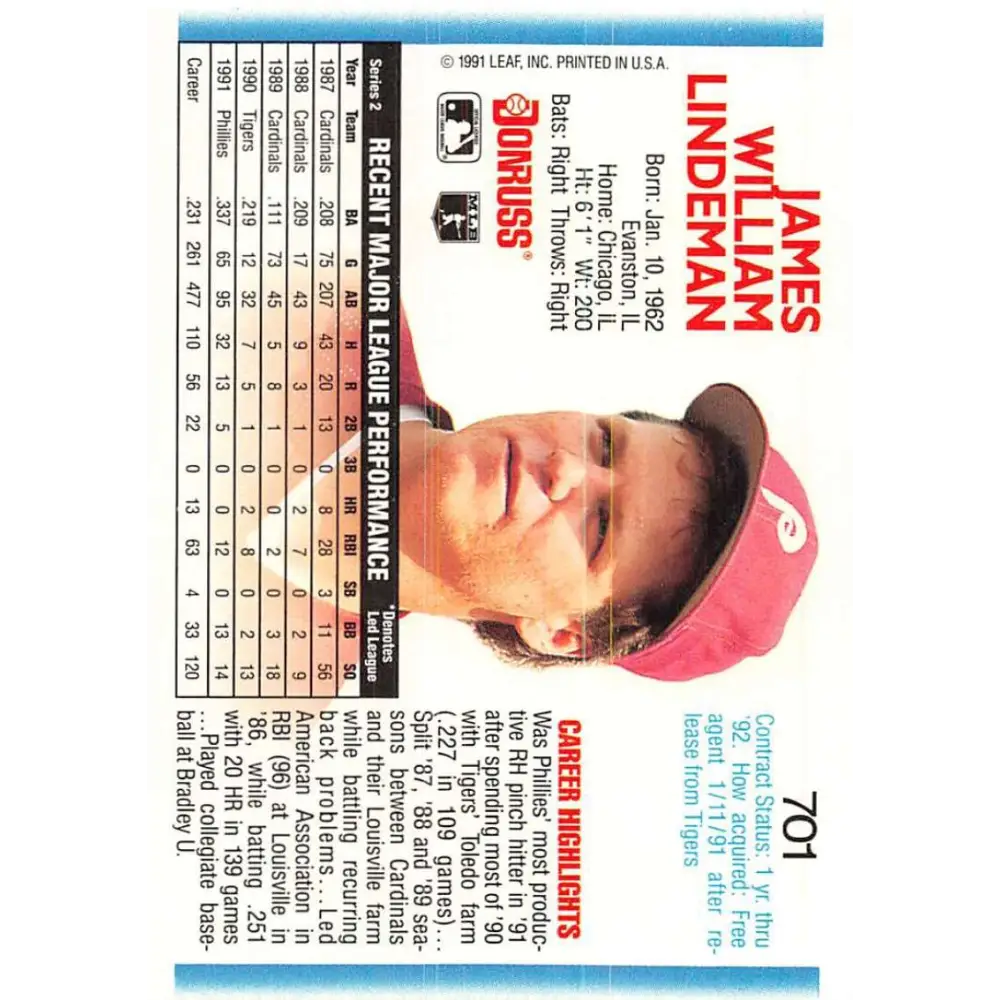1992 Donruss #701 Jim Lindeman NM-MT Philadelphia Phillies Baseball Card Image 2