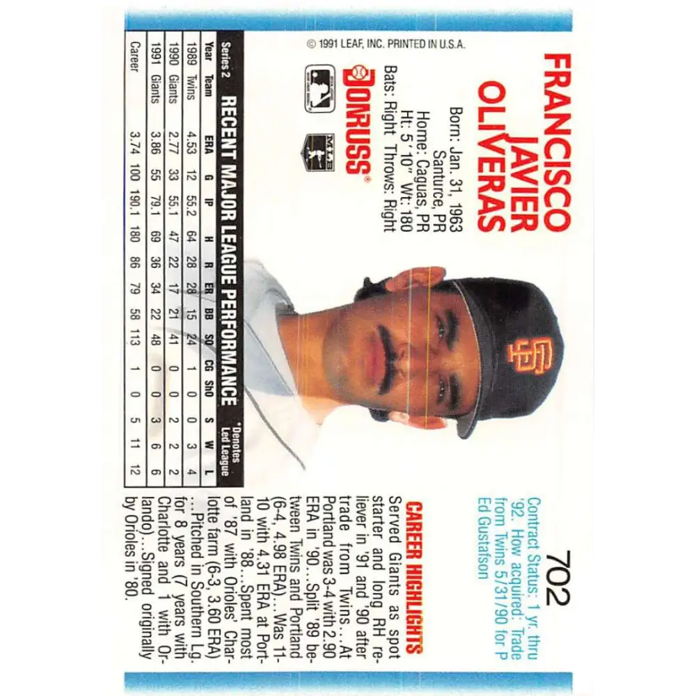 1992 Donruss #702 Francisco Oliveras NM-MT San Francisco Giants Baseball Card Image 2