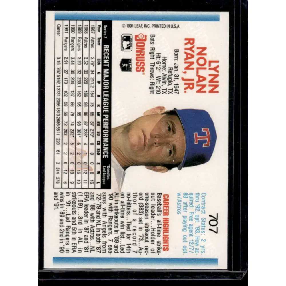 1992 Donruss #707 Nolan Ryan Texas Rangers NM-MT Baseball Card Image 2