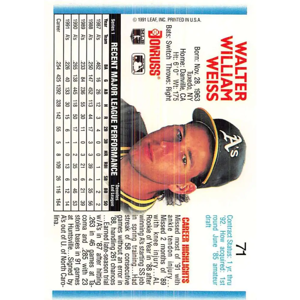 1992 Donruss #71 Walt Weiss NM-MT Oakland Athletics Baseball Card Image 2