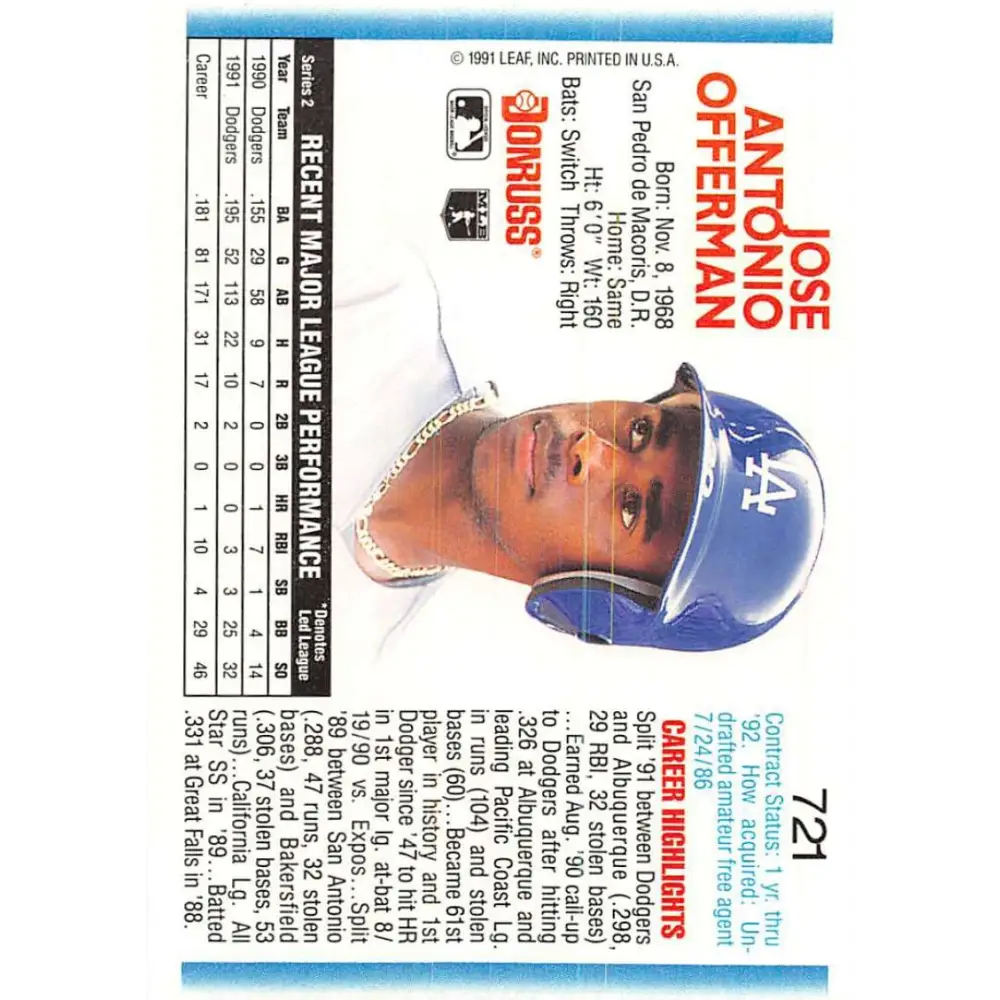 1992 Donruss #721 Jose Offerman NM-MT Los Angeles Dodgers Baseball Card Image 2