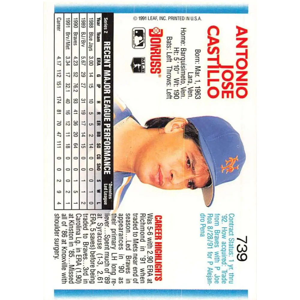 1992 Donruss #739 Tony Castillo NM-MT New York Mets Baseball Card Image 2