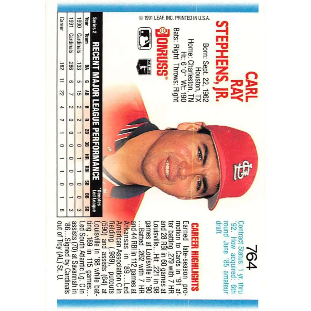 1992 Donruss #764 Ray Stephens NM-MT St. Louis Cardinals Baseball Card Image 2