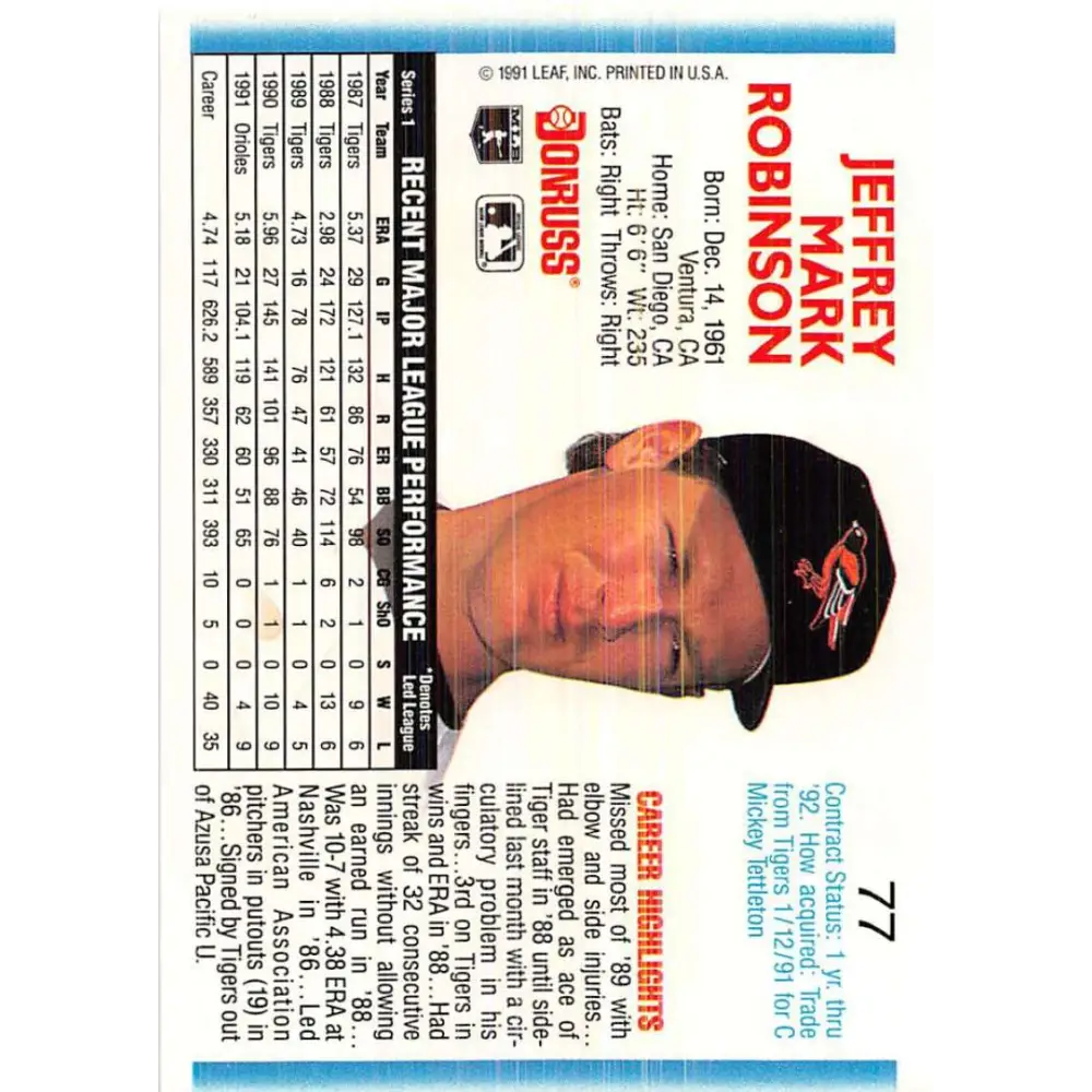 1992 Donruss #77 Jeff Robinson NM-MT Baltimore Orioles Baseball Card Image 2