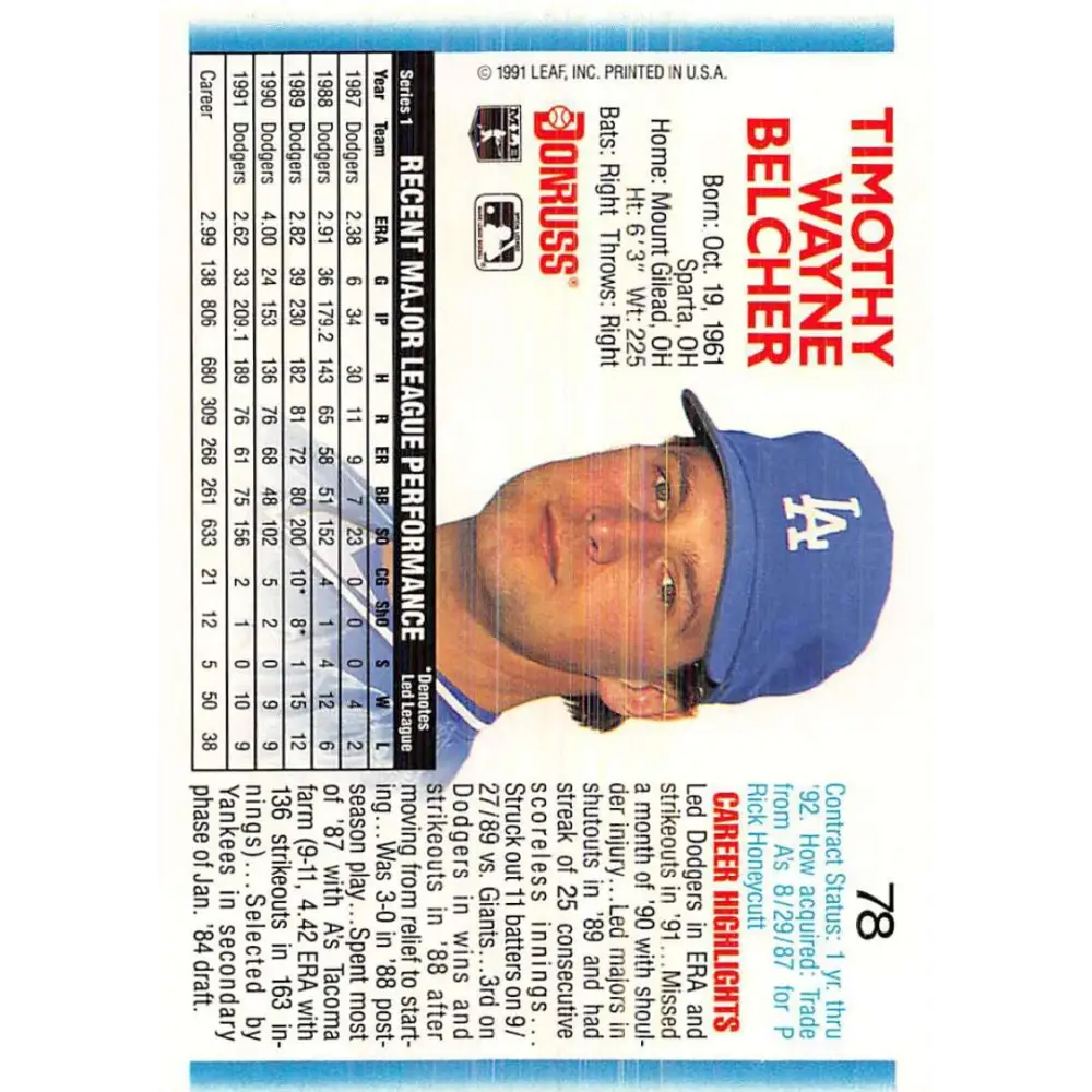 1992 Donruss #78 Tim Belcher NM-MT Los Angeles Dodgers Baseball Card Image 2