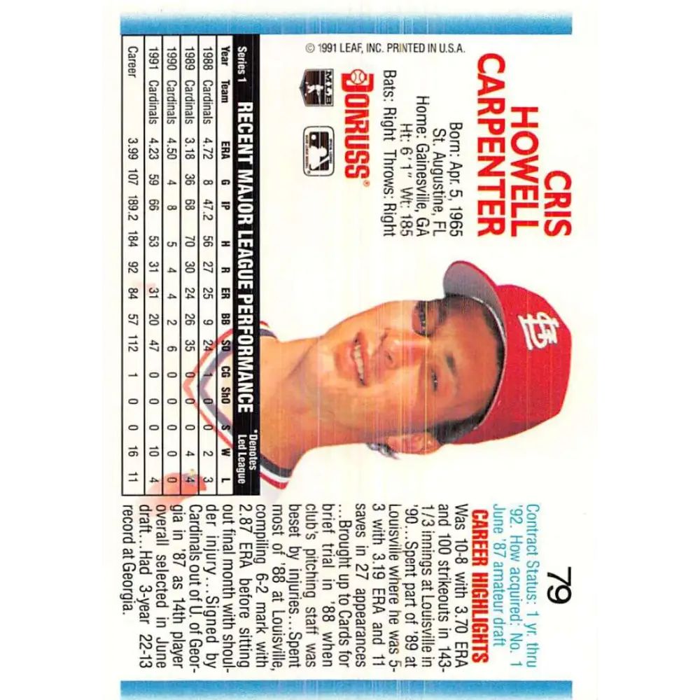 1992 Donruss #79 Cris Carpenter NM-MT St. Louis Cardinals Baseball Card Image 2