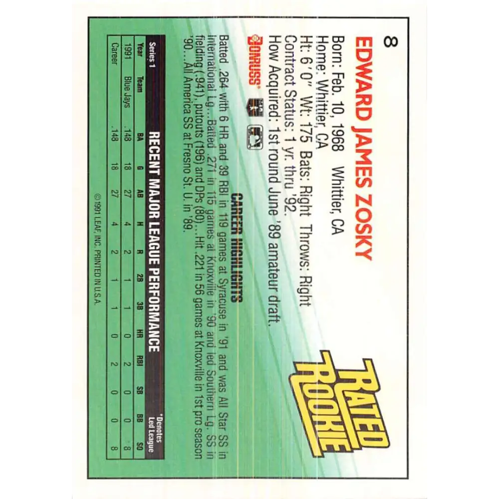 1992 Donruss #8 Eddie Zosky RR NM-MT Toronto Blue Jays Baseball Card Image 2