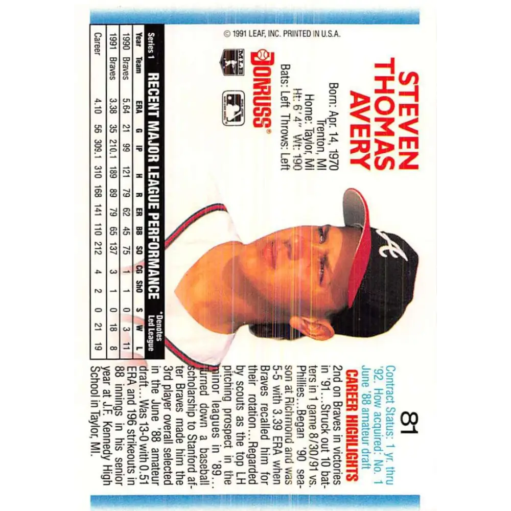 1992 Donruss #81 Steve Avery NM-MT Atlanta Braves Baseball Card Image 2