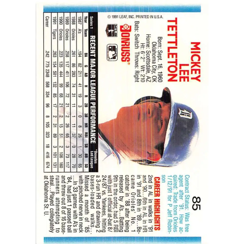 1992 Donruss #85 Mickey Tettleton NM-MT Detroit Tigers Baseball Card Image 2