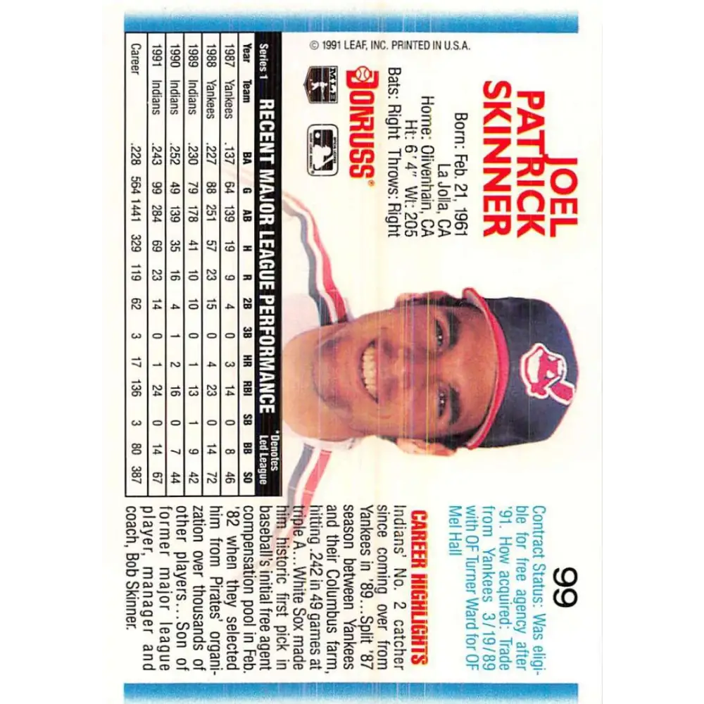 1992 Donruss #99 Joel Skinner NM-MT Cleveland Indians Baseball Card Image 2