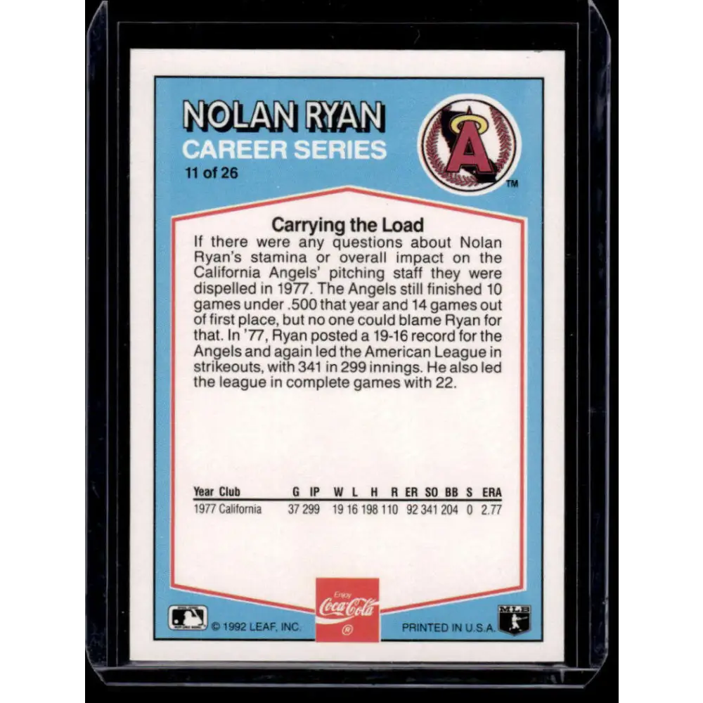 1992 Donruss Coca-Cola Nolan Ryan #11 Nolan Ryan California Angels NM-MT Baseball Card Image 2