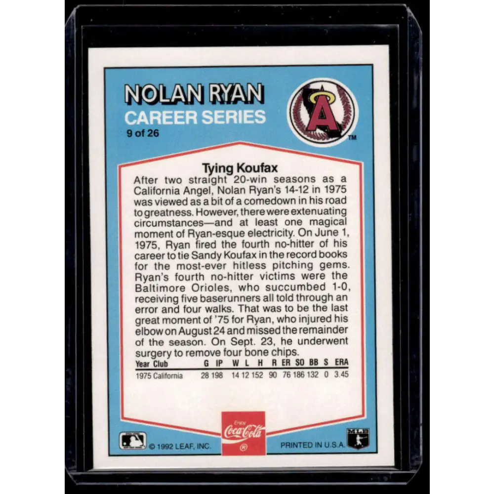 1992 Donruss Coca-Cola Nolan Ryan #9 Nolan Ryan California Angels NM-MT Baseball Card Image 2