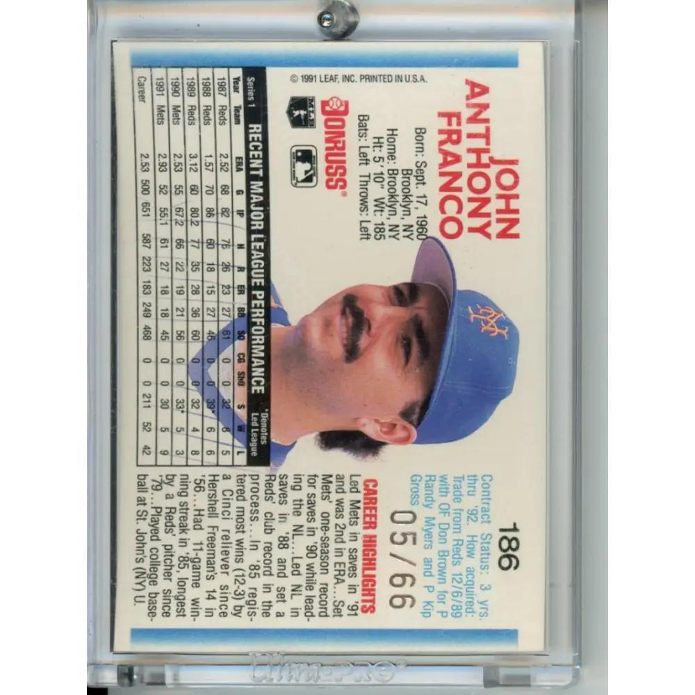 1992 Donruss Recollection Collection # John Franco Auto 5/66 New York Mets Baseball Card Image 2