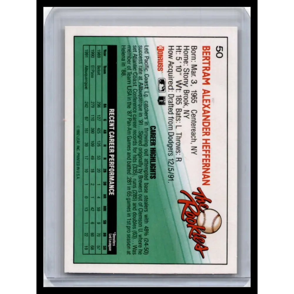 1992 Donruss The Rookies #50 Bert Heffernan NM-MT Seattle Mariners Baseball Card Image 2