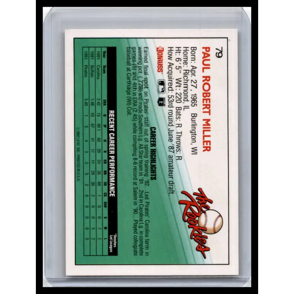 1992 Donruss The Rookies #79 Paul Miller NM-MT Pittsburgh Pirates Baseball Card Image 2