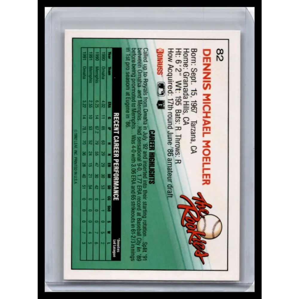 1992 Donruss The Rookies #82 Dennis Moeller NM-MT Kansas City Royals Baseball Card Image 2