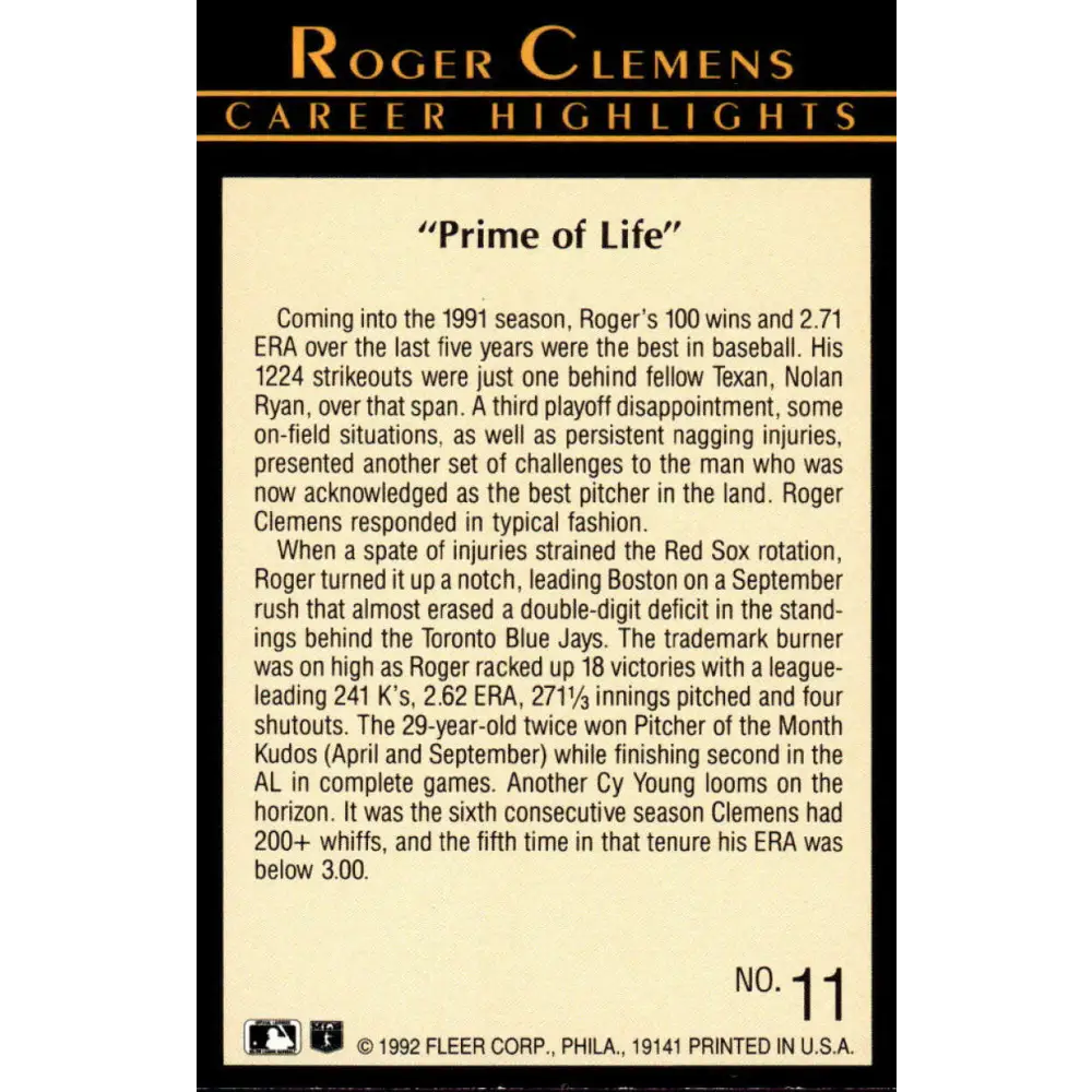 1992 Fleer #11 Roger Clemens EX/NM Boston Red Sox Baseball Card Image 2