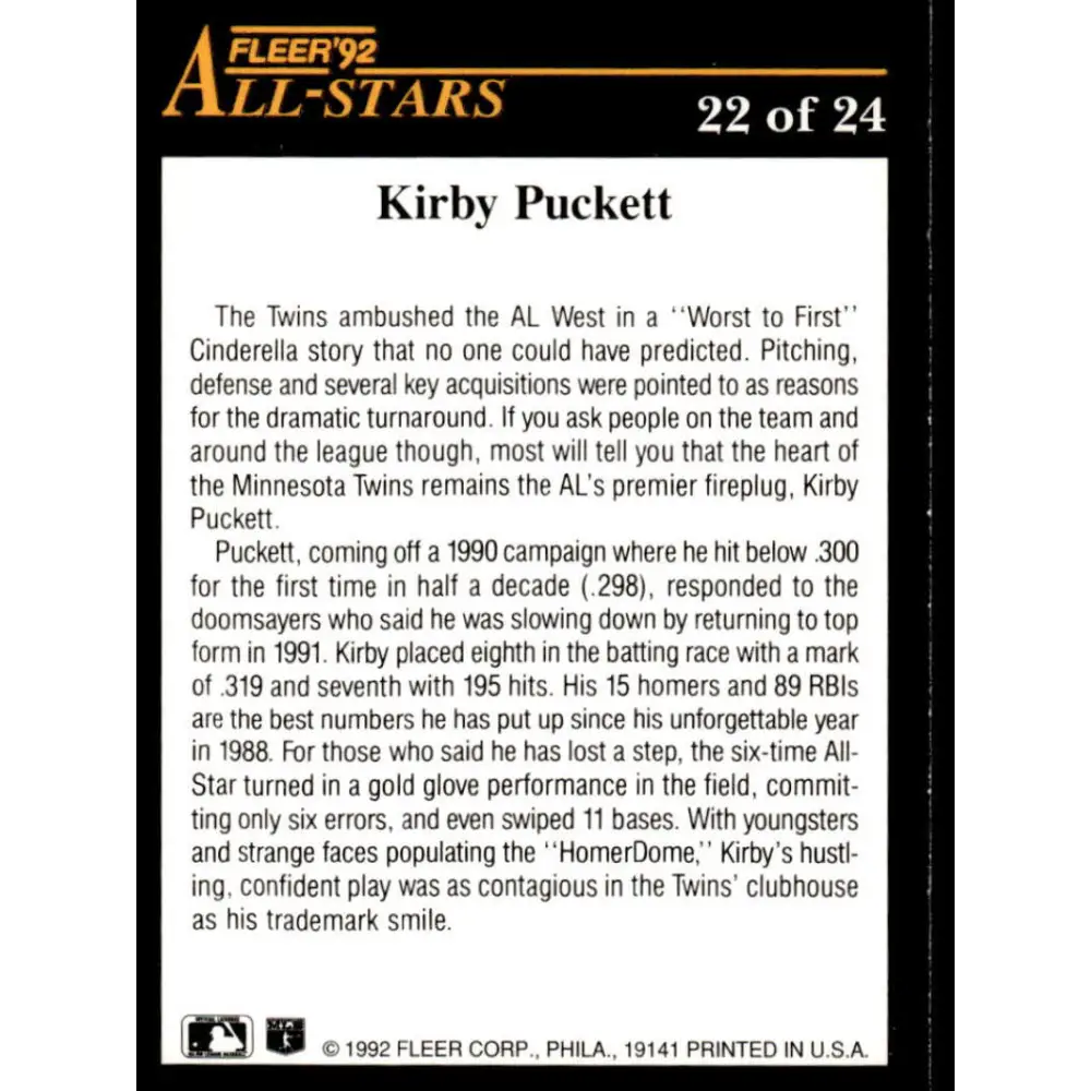 1992 Fleer #22 Kirby Puckett EX/NM Minnesota Twins Baseball Card Image 2
