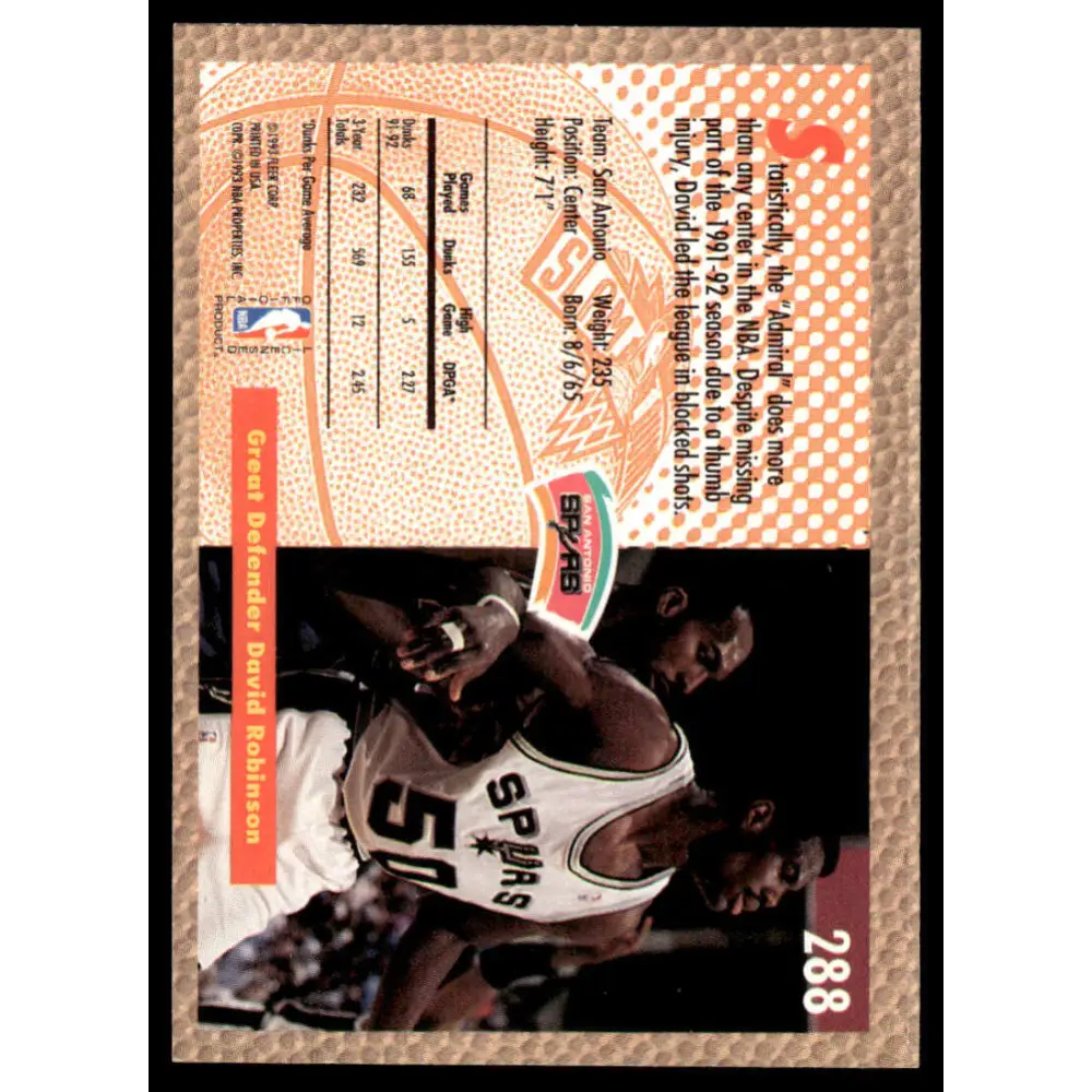 1992 Fleer #288 David Robinson NM/MT San Antonio Spurs Basketball Card Image 2