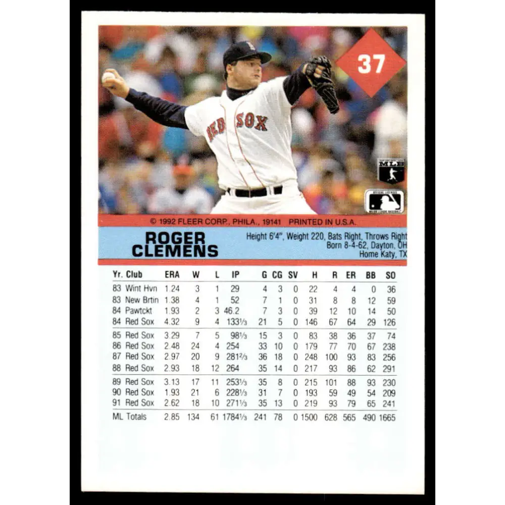 1992 Fleer #37 Roger Clemens EX/NM Boston Red Sox Baseball Card Image 2