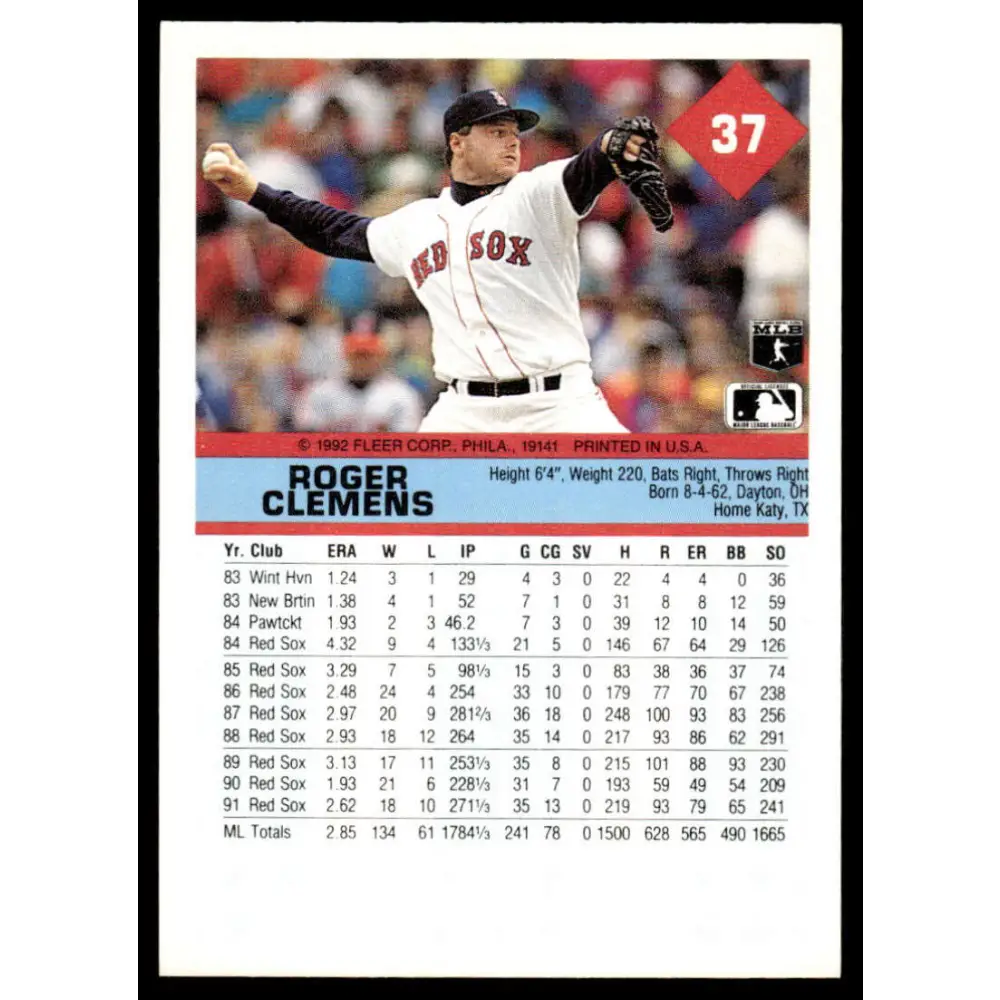 1992 Fleer #37 Roger Clemens EX/NM Boston Red Sox Baseball Card Image 2