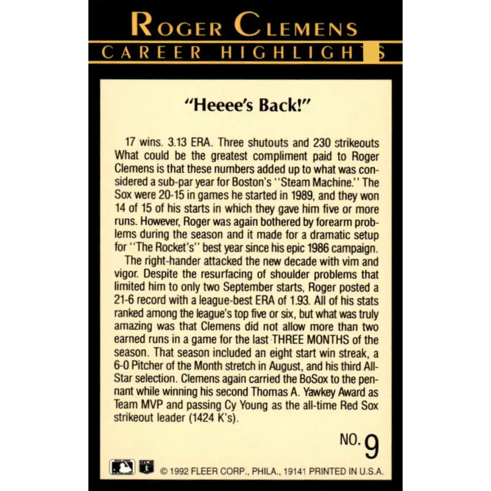 1992 Fleer #9 Roger Clemens EX/NM Boston Red Sox Baseball Card Image 2